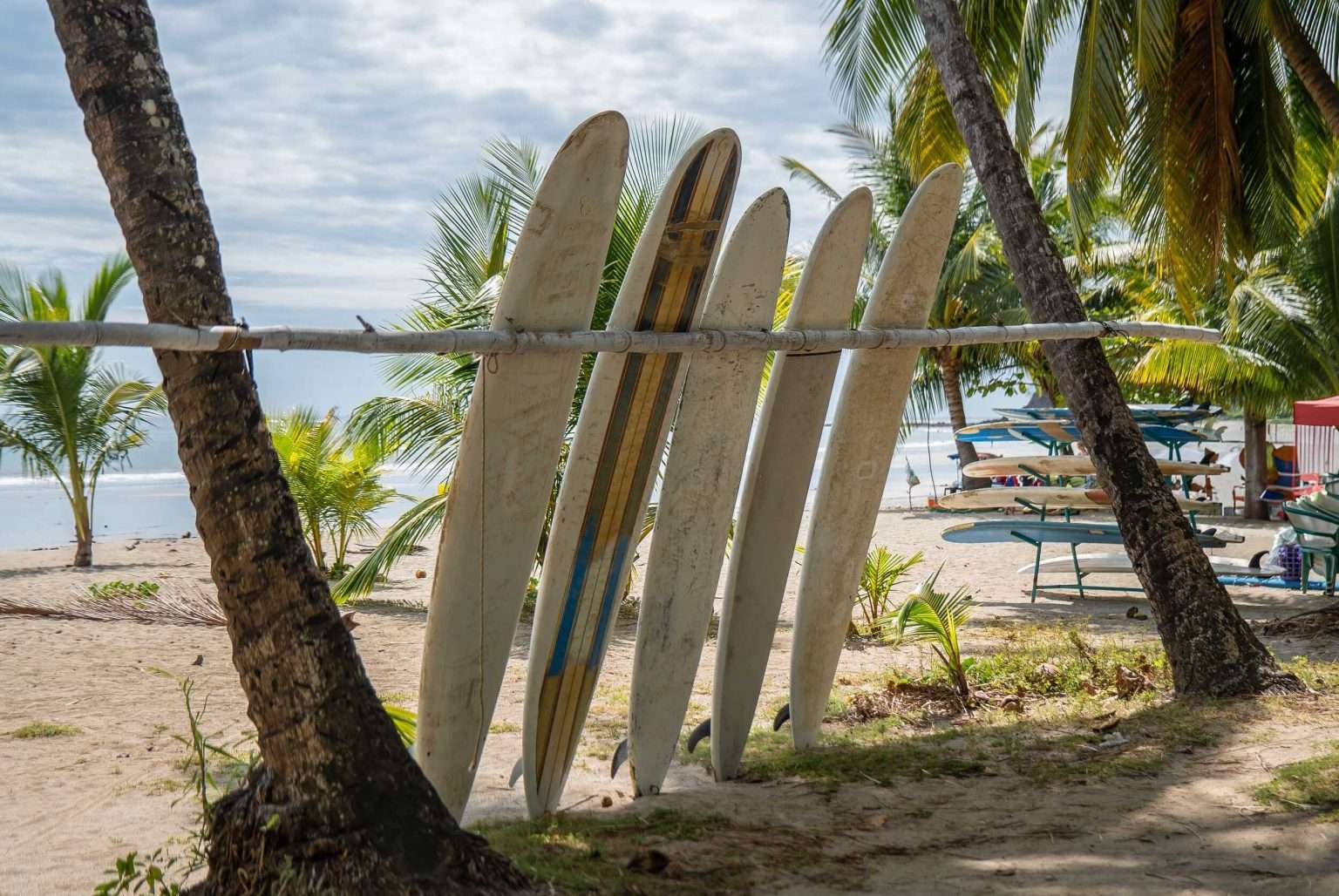 Surfboards lined up on the beach at Ventanas del Mar, Costa Rica
