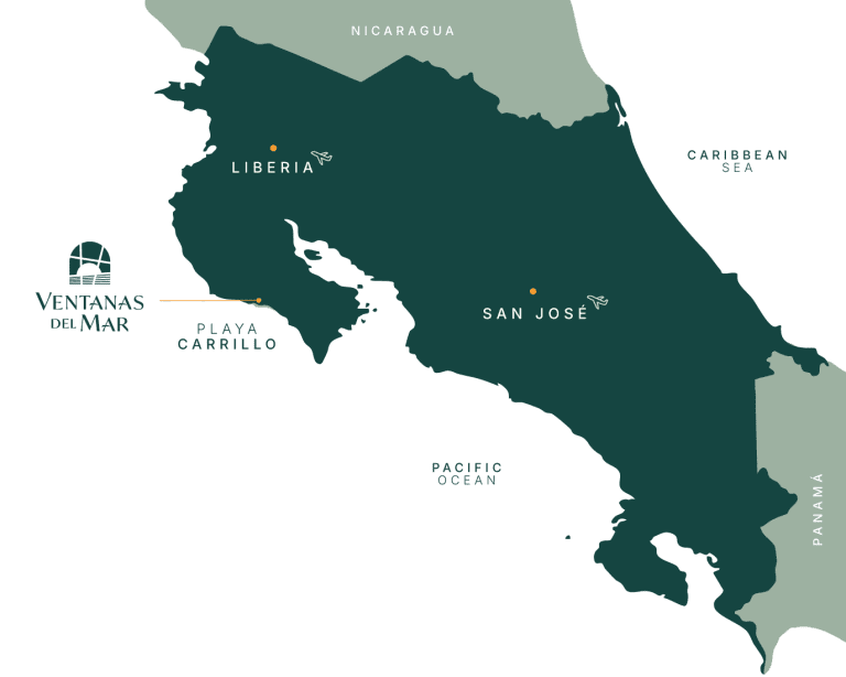 Map showing the location of Playa Carrillo on the Nicoya Peninsula in Guanacaste, Costa Rica.